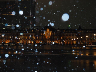 Fototapeta na wymiar Tokyo station building in snowflakes reflection