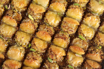 Traditional Dessert Turkish Baklava. Walnut, Pistachio Turkish Style Antep Baklava Presentation. Baklava from Turkish cuisine.