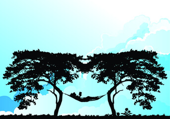 Silhouetted woman reading in a hammock resting between two trees with blue cloudy sky background