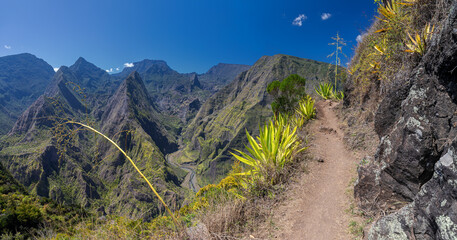 Hiking trail along the crater Cirque de Mafate near Cape Noir (La Reunion)