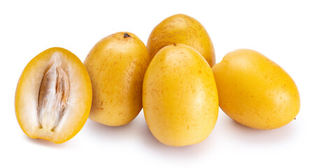 Yellow date palm and slice isolated on white background, Fresh yellow date palm fruit isolated on white background