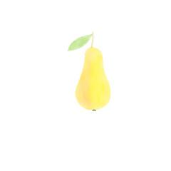 Hand drawn doodle sketchy digital watercolor drawing of ripe yellow pear on stem with green leave. Kids style illustration for healthy food fruits vitamins. Nursery room decorative poster