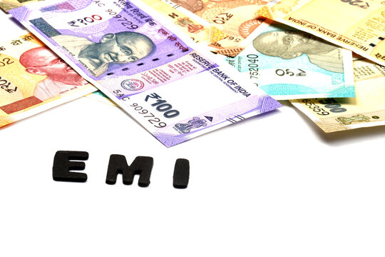 EMI concept,EMI alphabet on money background,Indian Currency, Rupee, Indian Rupee,Indian Money, Business, finance, investment, saving and corruption concept - Image