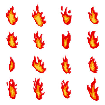 Fire flame icons set. Isometric set of fire flame vector icons for web design isolated on white background