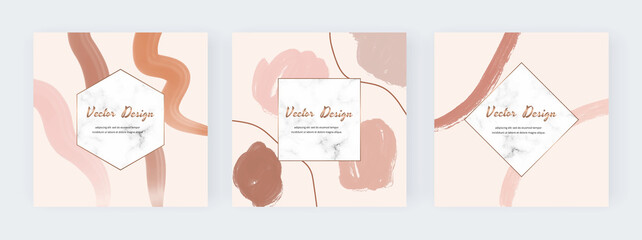 Social media square banners with nude abstract freehand brush stroke watercolor shapes and marble frames