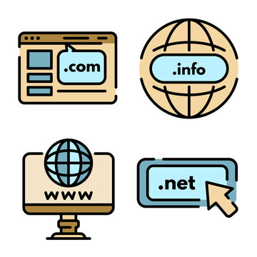 Domain icons set. Outline set of domain vector icons thin line color flat on white