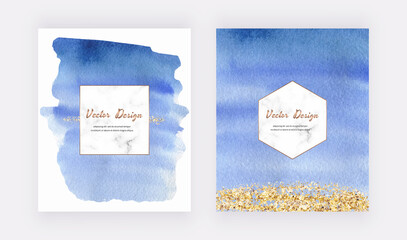 Blue watercolor texture design cards with gold glitter dots, confetti and marble frames