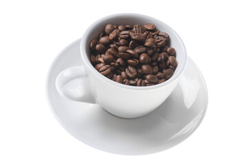 White Cup full of coffee beans isolated on white background. Close up of a brown beans of aroma black caffeine drink ingredient for coffee beverage.