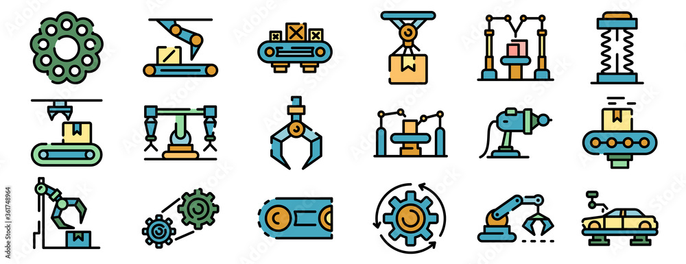 Poster assembly line icons set. outline set of assembly line vector icons thin line color flat on white