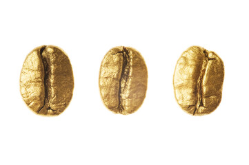 Golden coffee beans isolated on white background - detail. Close up of a gold bean of aroma black...