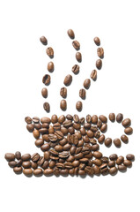  Coffee Cup Symbol Shape made of roasted coffee beans isolated on white background. Close up of a brown surface texture of aroma black caffeine drink ingredient for coffee beverage.