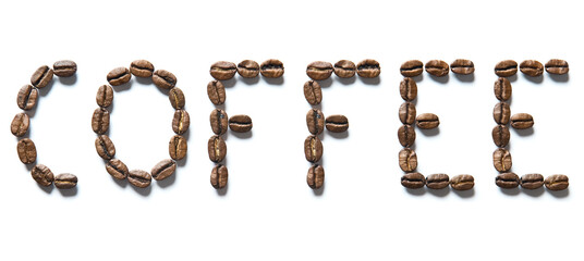 Word COFFEE shape made of roasted coffee beans letters isolated on white background. Close up of a brown bean of aroma black caffeine drink ingredient for coffee beverage.