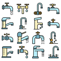 Faucet icons set. Outline set of faucet vector icons thin line color flat on white