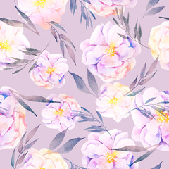 Seamless watercolor pattern. Leaves, flowers, peonies on a light purple background
