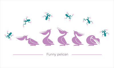 Tropical frogs, pelicans silhouettes. Vector isolated character. Funny pink birds play with frogs.