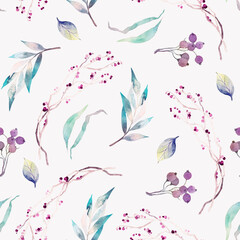 Seamless watercolor pattern. Pink and purple berries with sprigs and leaves on a light background