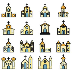 Church icons set. Outline set of church vector icons thin line color flat on white