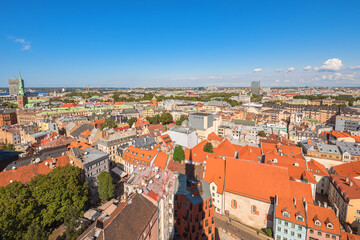 Fototapeta na wymiar Landscape. Panoramic view of Riga old city in summer, under blue sunny sky