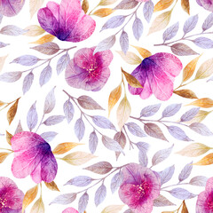 Seamless watercolor pattern. Purple flowers and twigs on white background