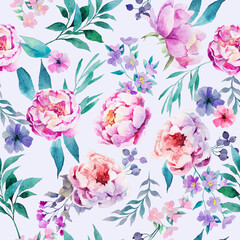 Seamless watercolor pattern. Twigs, leaves, flowers, peonies on a light purple background