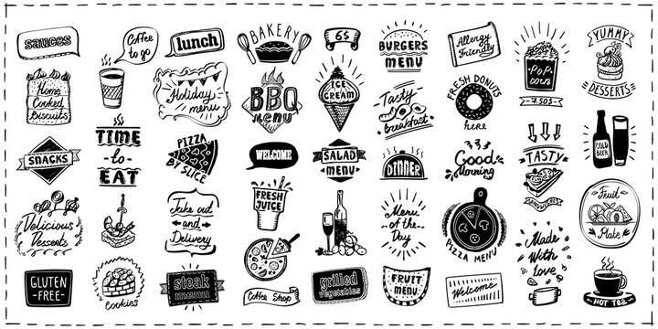 Graphic menu lettering set with symbols, signs and elements, etc.