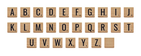 Alphabet letters on wooden pieces, classic board game. - obrazy, fototapety, plakaty