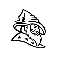 Wizard Warlock or Sorcerer with Three Stars Mascot Black and White