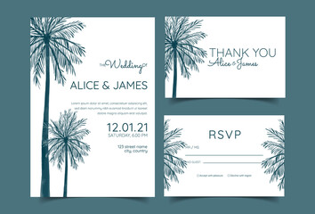 Fototapeta na wymiar Tropical Wedding Invitations. Magnificent Cards, Posters, Greeting Cards with Coconut trees. Elegant Brochure Set, Background, Cover