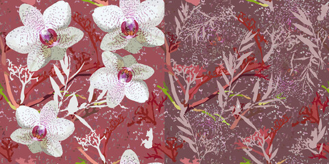Floral seamless pattern with orchids. Set of two vectors with randomly arranged flowers and leaves on a pink and burgundy background. For textiles, wallpapers, clothes, decorative surfaces