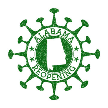 Alabama Reopening Stamp. Green round badge of us state with map of Alabama. Us state opening after lockdown. Vector illustration.