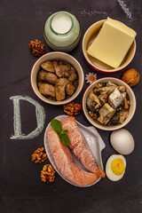 Foods containing vitamin D. Cheese, eggs, butter, nuts, milk, sardine