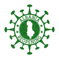 Albania Reopening Stamp. Green round badge of country with map of Albania. Country opening after lockdown. Vector illustration.