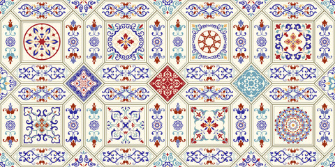 Seamless  tile with colorful patchwork. Vintage multicolor pattern in turkish style. Mosaic pattern can be used for ceramic tile, wallpaper, linoleum, textile, web page background. Vector - 361751954