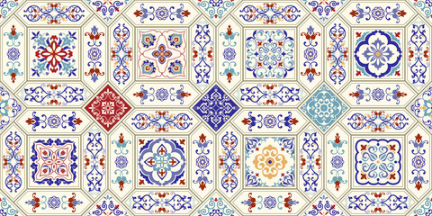 Seamless  tile with colorful patchwork. Vintage multicolor pattern in turkish style. Mosaic pattern can be used for ceramic tile, wallpaper, linoleum, textile, web page background. Vector - obrazy, fototapety, plakaty
