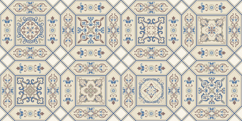 Azulejos tiles patchwork. Hand drawn seamless abstract pattern. Islam, Arabic, Indian, Ottoman motifs. Original traditional Portuguese and Spain decor. Vector