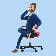 Beautiful cartoon character sitting on an office chair. Bearded businessman in a suit talking on the phone. 3d illustration.