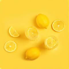 Detox with lemon on a yellow background. Citrus lemonade. In summer, fruits insisted on water.Fresh lemon - pattern. Flat lay.