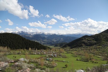 Fototapeta na wymiar Mountain green hill valley village view. Mountain village landscape. Savsat/Artvin/Turkey