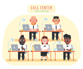Call center workers at work.  People of different gender and nationality. Vector flat cartoon style illustration.