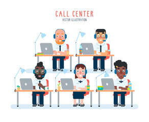 Call center workers at work.  People of different gender and nationality. Vector flat cartoon style illustration.