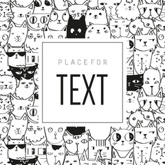 Card template with hand-drawn cats seamless vector pattern. Funny black and white doodles.