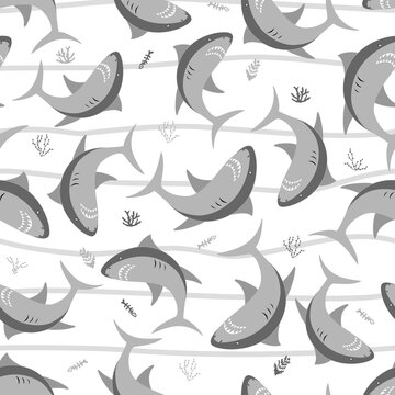 Vector shark sea animal wild hand drawn doodle illustrations set. Print for summer clothes girls or boys. .