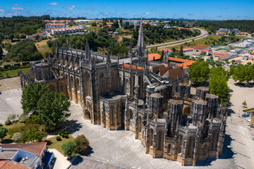 Aerial drone view of Batalha Monastery in Portugal. Dominican convent with manueline style.