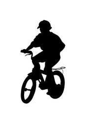 Vector silhouette of a boy on a children's bicycle isolated on a white background.
