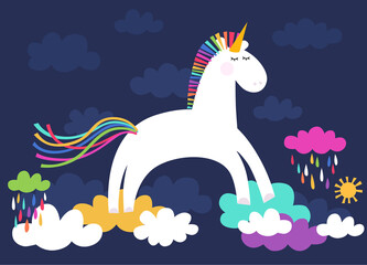 Illustration of the cute unicorn running on the clouds