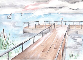 Watercolor illustration of pontoon on the lake flooded with sun