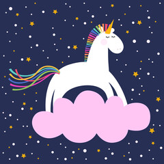 Illustration of the cute unicorn on the night sky background