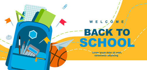 Back to school poster design. Backpack, pen and school supplies on a colorful background. Vector illustration can be used for web banner, advertising, signs. Student bag with cool accessories