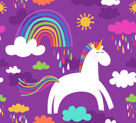 Seamless pattern with cute unicorn, rainbow and clouds