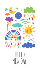 New day greetings card with the symbols of the weather forecast